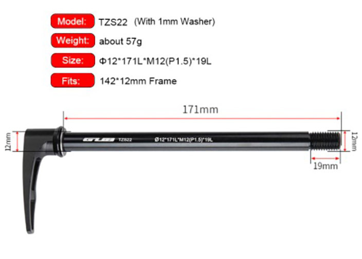 Thru Axle Rear 142mm x 12mm Aluminium with Lever suits some Road MTB GUB TZS22